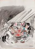 Le capitaine Zuniga s'enquiert de Carmen au marché près des arènes de Séville by Yves Brayer, Lavis d'encre de Chine et aquarelle, sold Jun 2013