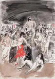 La bagarre à la manufacture de tabac entre Carmen et une ouvrière by Yves Brayer, Lavis d'encre de Chine, aquarelle et gouache, sold Jun 2013