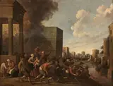 Paysans fuyant un incendie by Joost Cornelisz Droochsloot, Panneau de chêne, deux planches, non parqueté, sold Jun 2021