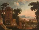 Voyageurs dans un paysage classique avec un temple en ruines by Pierre-Antoine Patel, 1692, Toile, sold Jun 2021