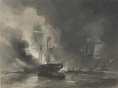Bataille navale avec un bateau américain by Antoine Léon Morel-Fatio, Fusain, crayon et rehauts de blanc, sold Feb 2021