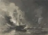 Bataille navale avec un bateau américain by Antoine Léon Morel-Fatio, Fusain, crayon et rehauts de blanc, sold Feb 2021