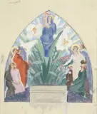 Vierge à l'Enfant dans un bouquet de lis avec saints patrons et donateurs dans un arc ogival by Robert Poughéon, Gouache sur traits de crayon, plume et encre de Chine sur carton préparé, sold Dec 2020