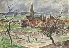Champ et village avec clocher by André Dunoyer de Segonzac, Aquarelle et encre, sold Dec 2020