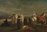 Élégante compagnie au bord d'une rivière à la chasse au faucon by Hendrick van Minderhout, Toile, sold Dec 2020