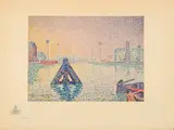 En Hollande, la Balise. 1894 by Paul Signac, Lithographie en couleurs sur chine monté sur vélin, avec un voilier en remarque en bas à g, sold Jul 2021