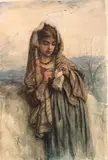 La petite tricoteuse romaine by Antoine Ernest Hebert, Aquarelle et rehauts de blanc, sold Jun 2021