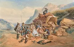 Chiliens prenant le maté by Auguste Borget, Aquarelle et rehauts de blanc, gomme arabique sur traits de crayon noir, sold Jun 2021