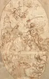 Le Martyre de sainte Catherine d'Alexandrie by Giovanni Antonio Burrini, Plume et encre brune, sanguine, forme découpée, sold Jun 2021