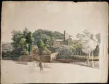 Un paysan et son âne près d'un village by Antoine Duclaux, Crayon noir et aquarelle, sold Jun 2021