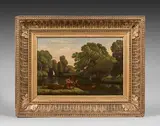 Pêcheurs auprès d'un barque, probablement dans le parc de Mortefontaine by Théodore Caruelle d'Aligny, Panneau de chêne, une planche, non parqueté, sold Jun 2021