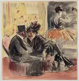Tractation dans la loge by Jean-Louis Forain, Lavis d'encre rehaussé de gouache, sold Jun 2021