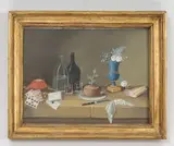 dit LELONG Nature morte aux cartes à jouer, verres et bouteilles, pâté en croute et bouquet by Johann Rudolf Feyerabend, Gouache sur papier, sold Apr 2021