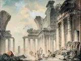 Lavandières dans un temple en ruine by Louis François Petit-Radel, Plume et noire, lavis gris et brun, aquarelle, sold Oct 2014