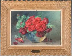 Bouquet de roses rouges by Blanche Odin, Aquarelle signée en bas à droite, sold Jul 2021