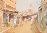 Rue de la Médina à Marrakech by Théophile-Jean Delaye, 1930, Aquarelle et gouache sur papier, sold Jun 2021