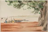 Femmes pilant le mil au bord du Niger à Bamako by Georges Guiraud, Pastel et gouache sur papier, sold Jun 2021