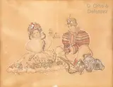 Couple aux poteries en costumes traditionnels by Génia Minache, Gouache et crayon sur papier, sold Jun 2021