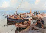 Pécheur et femme rabodant sur un quai by Charles Cermak, Toile signée en bas à droite, sold Dec 2015