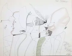 Visages de profils encastrés by Mikhail Chemiakine, Encre et réhaut d'aquarelle signé et daté, sold Nov 2015