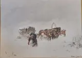 Sans titre by Petr Petrovitch Sokolov, Gouache sur carton figurant un paysan dans la Toundra, pris dans une tempête hivernale, av, sold Oct 2024