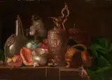 Nature morte à l'aiguière et au nautile avec des fleurs by Meiffren Comte, Toile (restaurations et usures), sold Jun 2015