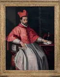 Portrait présumé du cardinal Alessandro Peretti Montalto by Pietro Facchetti, 1571, Toile d'origine (quelques restaurations) H_141,5 cm L_108 cm Au dos de la toile, un cachet, sold Jun 2015