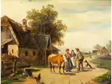 Bauernhof mit Drei Figuren im Gespräch by Ludwig Muller Cornelius, oil on panel, sold Mar 2026