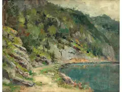 Berglandschaft mit see by Jenő Kárpáthy, oil on panel, offered Dec 2020