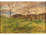 Herbstliche Landschaft bei Sonnenuntergang by Gerolamo Cairati, oil on board, sold Jun 2024