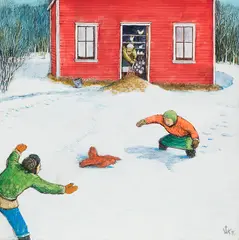 Chasing a Chicken by William Kurelek, 1976, mixed media on board, sold Jul 2020