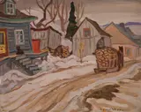 St. Joachim, Quebec / Houses in Winter (verso) by A. Y. Jackson, 1930, double-sided oil on board, sold Jul 2020