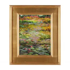 Pond- Waterlilies & Flowers by Thomas DeDecker, Oil on board, sold Jan 2024