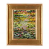Pond- Waterlilies & Flowers by Thomas DeDecker, Oil on board, sold Jan 2024