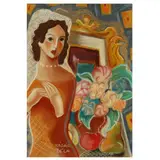 Woman with Fruits and Flowers by Béla Kádár, Mixed media on paper with varnish coating and laid on pressed paper board, sold Dec 2023