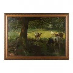 Cows Watering in a Meadow by Algernon Talmage, Oil on canvas, sold Dec 2023