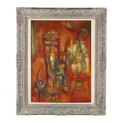 Untitled (Seated Figure with Cat) by Geza Szobel, Oil on panel, sold Dec 2023