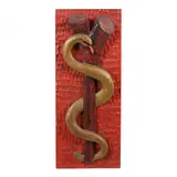 Folk Art Rod of Asclepius Carved Plaque by L.C. Meredith, Relief carved and painted wood, sold Nov 2023