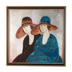 Two Women Wearing Hats by Stephen White, Oil and metallic leaf on panel, sold Nov 2023