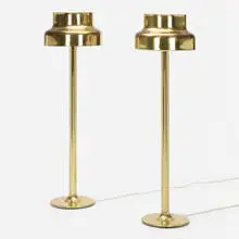 Bumling floor lamps, pair by Anders Pehrson, 1968, brass, acrylic, sold Aug 2022