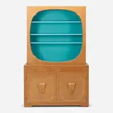 Cabinet by Johann Tapp, c. 1960, walnut, lacquered wood, leather, sold Aug 2022