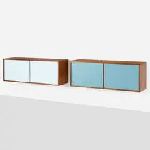 Wall-mounted cabinets, pair by Heinrich Roepstorff, c. 1960, teak, lacquered wood, sold Aug 2022