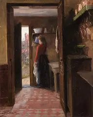 Frau in der Küche mit offener Tür zum Garten by Léon Comerre, oil on canvas, offered Jun 2016