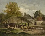 Schafherde vor dem Bauernhof by Félix Brissot de Warville, oil on panel, sold Jun 2016
