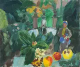 genannt Zawado (Wolhynien, Polen 1891–1982 Aix-en-Provence) Frau in einem Park, im Vordergrund ein Stilleben by Jan Waclaw Zawadowski, oil on canvas, sold Jun 2016