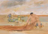 Sur le port de Quiberon by Alphonse Lanoë, 1973, gouache, offered Jun 2016