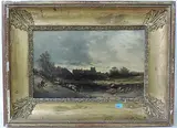 Flusslandschaft mit Dorf im Hintergrund by Frankreich, 2.Hälfte 19.Jh., oil on board, sold Jun 2016