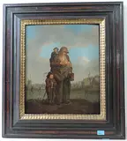 Mutter mit Kindern, im Hintergrund Schlittschuhläufer auf einem gefrorenen Kanal by Holland, 19.Jh., oil on panel, offered Jun 2016