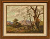 Trees in a Mountainous Landscape by Titta Fasciotti, oil on canvas, sold Nov 2025