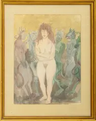 Woman Surrounded by Monsters by Raphael Soyer, Mixed Media on Paper, sold Apr 2025
